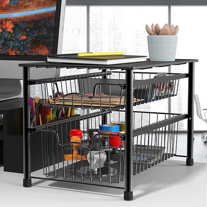 Simple Houseware Stackable Sliding Basket Organizer Drawer, Black, 2-Tier