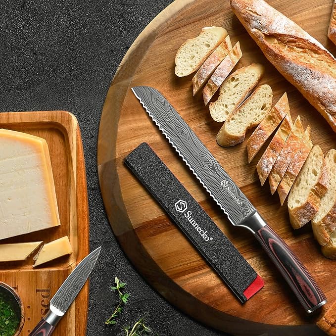 Sunnecko Bread Knife 8 Inch, High Carbon Stainless Steel Serrated Bread Knife for Homemade Bread, Wedding Cake Knife with Wooden Handle Serrated Kitchen Knife with Sheath - Image 2