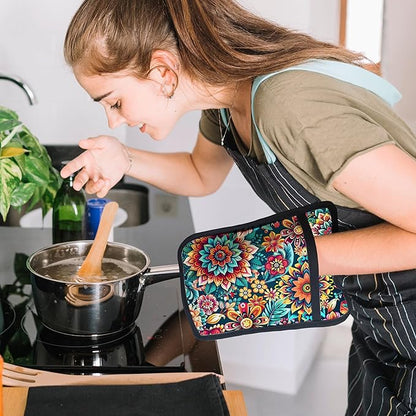 Vibrant Mandala Floral Pot Holders for Kitchen, Boho Abstract Colorful Ethnic Flower Botanical Heat Resistant Hot Pads and Oven Mitts for Baking Cooking - Image 3