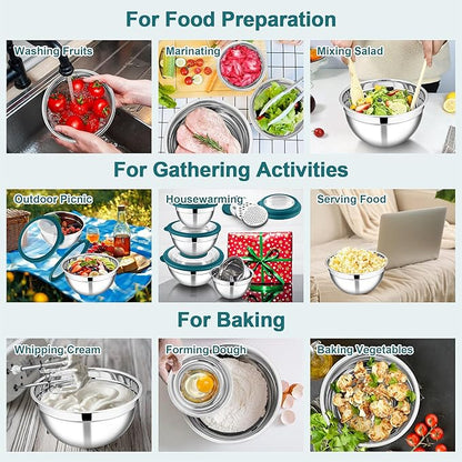 E-far Mixing Bowls Set of 5, Stainless Steel Salad Mixing Bowl with Transparent Lid, Metal Nesting Bowl Attach with 3 Graters for Kitchen Prepping/Serving/Baking/Storage, 4.6/2.6/1.5/1/0.7 QT - Blue
