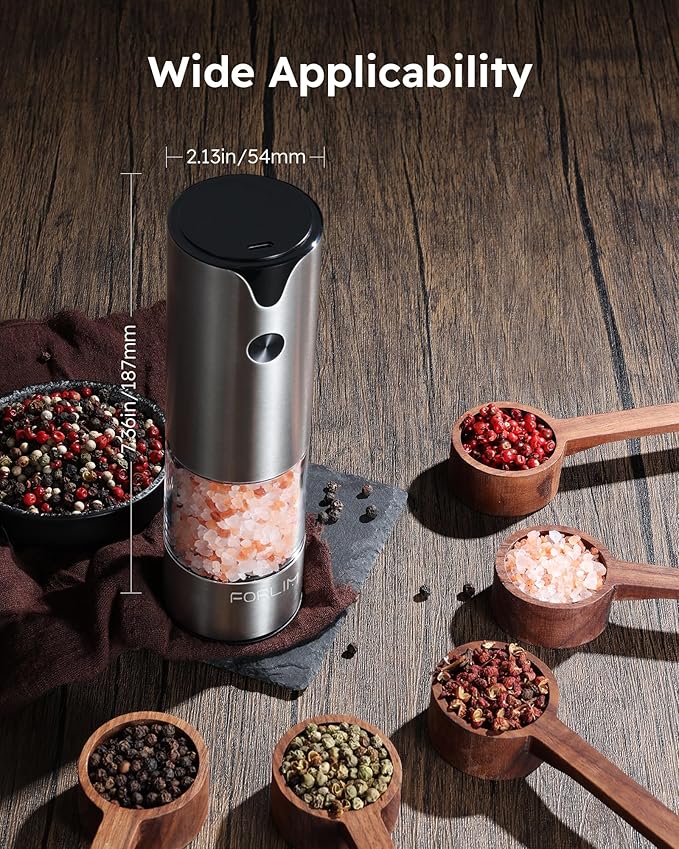 FORLIM Electric Salt and Pepper Grinder Set, USB Rechargeable, Automatic Salt Pepper Mill Grinder with Dust Cover, One-Button Control, Adjustable Coarseness, Warm LED Light (2 Packs, Stainless Steel) - Image 7
