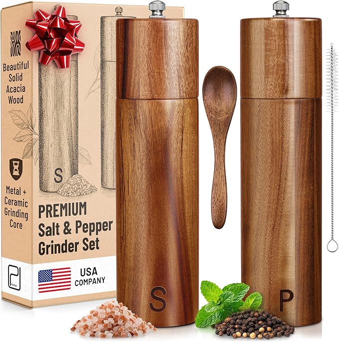 Premium Wooden Salt and Pepper Grinder Set - 28 g / 1 oz each, Acacia Solid Wood Mills - Refillable Coarse Grain Salt & Peppercorn Manual Twist Grinders - Modern or Rustic Home Table - by PJC-Kitchen by PJCKitchen