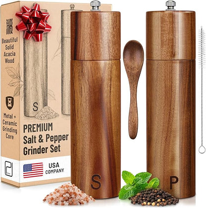 Premium Wooden Salt and Pepper Grinder Set - 28 g / 1 oz each, Acacia Solid Wood Mills - Refillable Coarse Grain Salt & Peppercorn Manual Twist Grinders - Modern or Rustic Home Table - by PJC-Kitchen by PJCKitchen