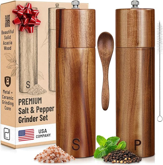 Premium Wooden Salt and Pepper Grinder Set - 28 g / 1 oz each, Acacia Solid Wood Mills - Refillable Coarse Grain Salt & Peppercorn Manual Twist Grinders - Modern or Rustic Home Table - by PJC-Kitchen by PJCKitchen