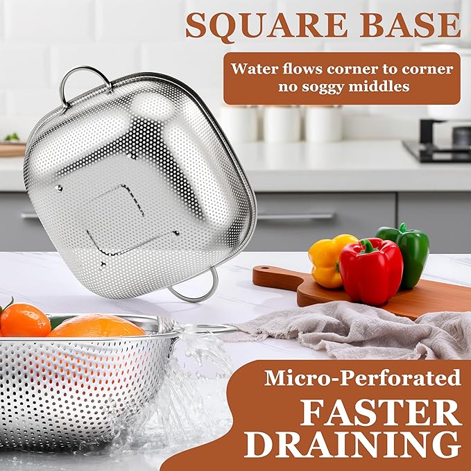 E-far 4QT Square Stainless Steel Colander - Metal Strainer with Handle for Draining Pasta & Vegetables, Micro-Perforated & Elevated Feet, Dishwasher Safe - Image 3