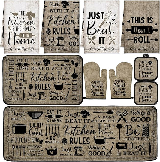 Fourluoo 10 Pcs Attractive Style Kitchen Dish Towels Rugs Oven Mitts and Pot Holders Set Farmhouse Kitchen Decor Set for Women Mom Daughter Gift Cooking Baking Grilling (Rustic Farmhouse)