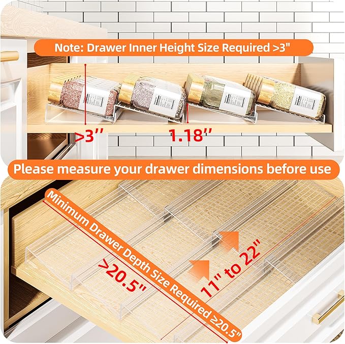 MUDEELA Clear Spice Drawer Organizer, 4 Tier- 2 Set (8 Packs) Spice Rack for Drawer, Expandable From 11" to 22" Kitchen Seasoning Organizers and Storage for Drawer (Jars not included) - Image 2