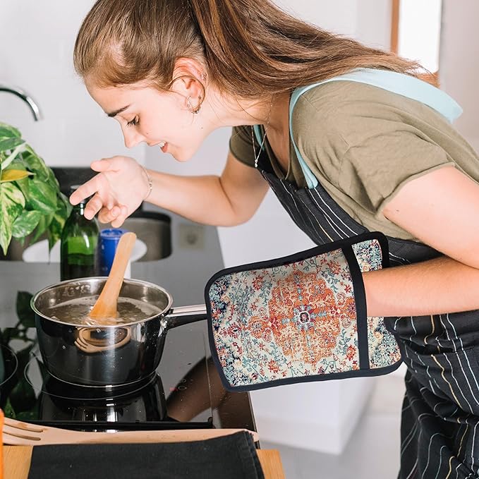 Rustic Vintage Boho Pot Holders for Kitchen, Abstract Orange Blue Boho Ethnic Floral Botanical Heat Resistant Hot Pads and Oven Mitts for Baking Cooking - Image 3