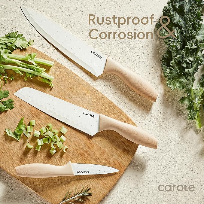 CAROTE 12PCS Knife set with Blade Guards,Granite Nonstick Ceramic Coating,Stainless Steel blade, Anti-Slip Handle, Essential Knives, Rustproof, White - Image 4