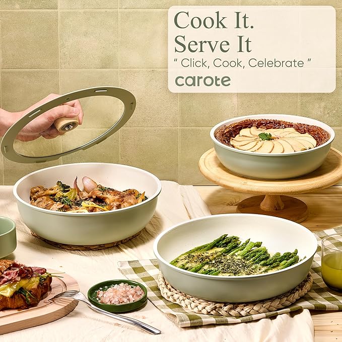 CAROTE Pots and Pans Set, Nonstick Cookware Set Detachable Handle, 19pcs Induction Kitchen Cookware Sets Non Stick with Removable Handle, RV Cookware Set, Oven Safe, Sage Green - Image 4