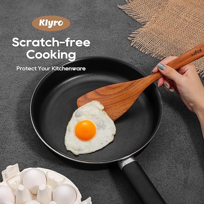 KLYRO Wooden Spoons for Cooking, Nonstick Kitchen Utensils Set with 4 Piece Measuring Spoons, Comfort Grip Wooden Spatula Set, 9 Piece Teak Wooden Cooking Utensils with Holder and Spoon Rest - Image 4