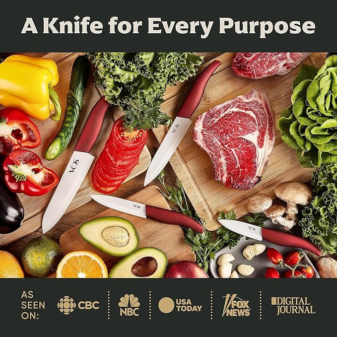 Vos Ceramic Knife Set, Ceramic Knives Set For Kitchen, Ultra Sharp Kitchen Knife Set with Covers, 3" 4" 5" 6" Paring, Santoku, Chef Knife & Utility, Lightweight, Dishwasher safe (Red with Block)