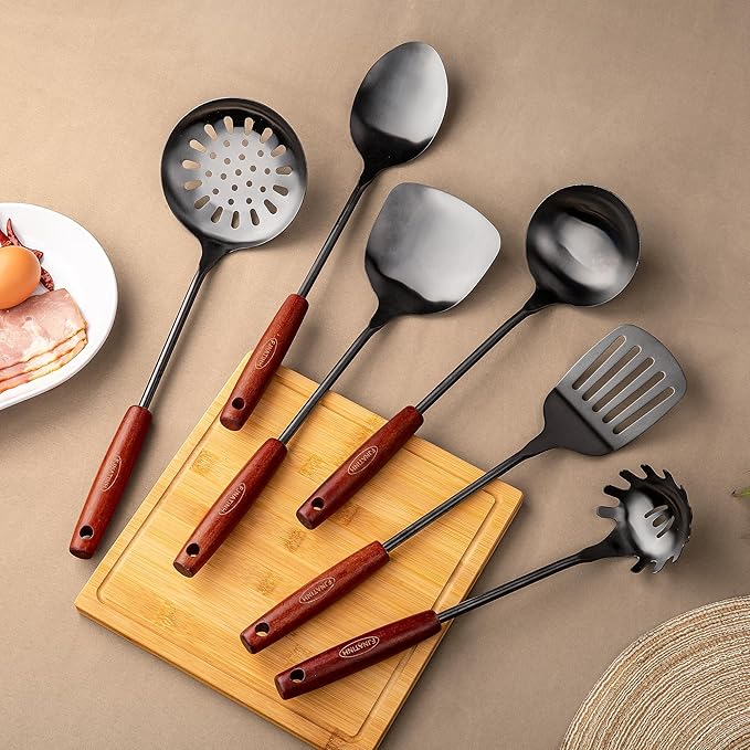 FJNATINH 304 Stainless Steel Kitchen Utensil Sets - 6 PCS Wok Spatula Sets Cooking Utensil Tools Spatula, Soup Ladle, Skimmer Spoon, Slotted Spatula Tunner, Spaghetti Spoon, Large Spoon - Image 2