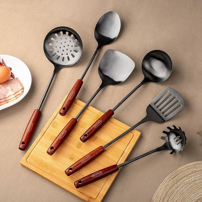 FJNATINH 304 Stainless Steel Kitchen Utensil Sets - 6 PCS Wok Spatula Sets Cooking Utensil Tools Spatula, Soup Ladle, Skimmer Spoon, Slotted Spatula Tunner, Spaghetti Spoon, Large Spoon - Image 2