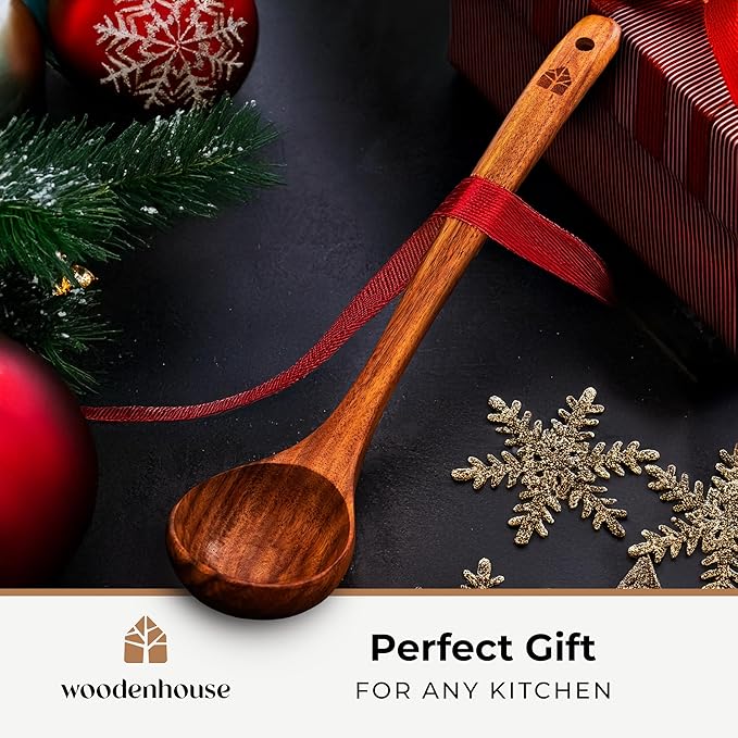 Wooden Ladle for Cooking, Soup Spoon Ladle – Teak Wooden Serving Spoon, 12.4″ Handle, Medium Scoop Size 2 oz – Eco Friendly, Natural and Sustainable - Image 2
