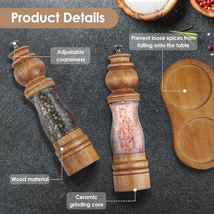 Wooden Salt and Pepper Grinder Set with Wooden Tray and Spoon, 8 Inch Manual Salt and Pepper Mill, Adjustable Coarseness, Refillable with Ceramic Core for Spices, Clear Acrylic Chamber