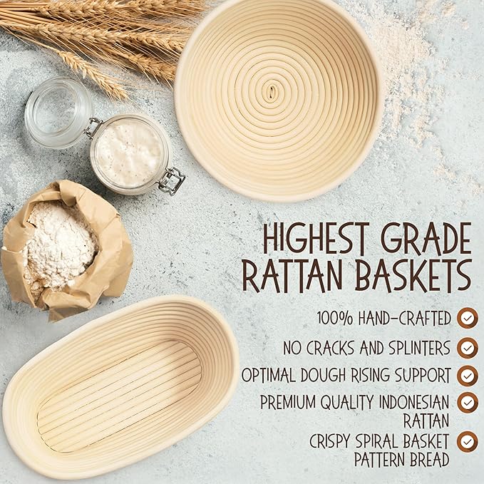 Superbaking Sourdough Proofing Basket Gift Set, Round 9" & Oval 10" Banneton, Sourdough Starter Kit, Sourdough Banneton Basket, Banneton Bread Proofing Basket Set of 2, Sourdough Bread Baking Supplies - Image 4