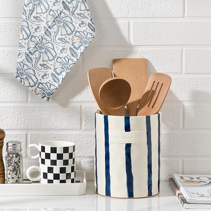 JIEMEI HOME Kitchen Utensil Holder, 7.2" Ceramic Stable Utensil Crock for Countertop, Modern Minimalism Style Cooking Tool Organizer with Cork Mat, Spatula Holder For Kitchen Decor, Blue stripes - Image 3