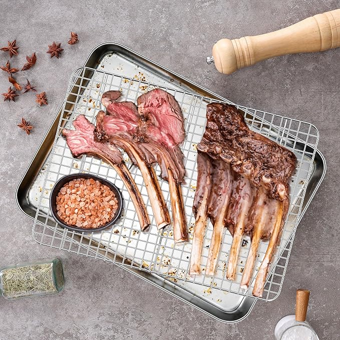 Homikit Baking Sheet with Wire Rack Set (1 Pan+1 Rack), 16" x 12" Stainless Steel Cookie Bacon Pan for Oven, Nonstick Jelly Roll Pan Baking Tray with Grid Cooling Rack for Cook Roast, Dishwasher Safe