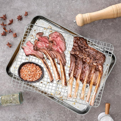 Homikit Baking Sheet with Wire Rack Set (1 Pan+1 Rack), 16" x 12" Stainless Steel Cookie Bacon Pan for Oven, Nonstick Jelly Roll Pan Baking Tray with Grid Cooling Rack for Cook Roast, Dishwasher Safe