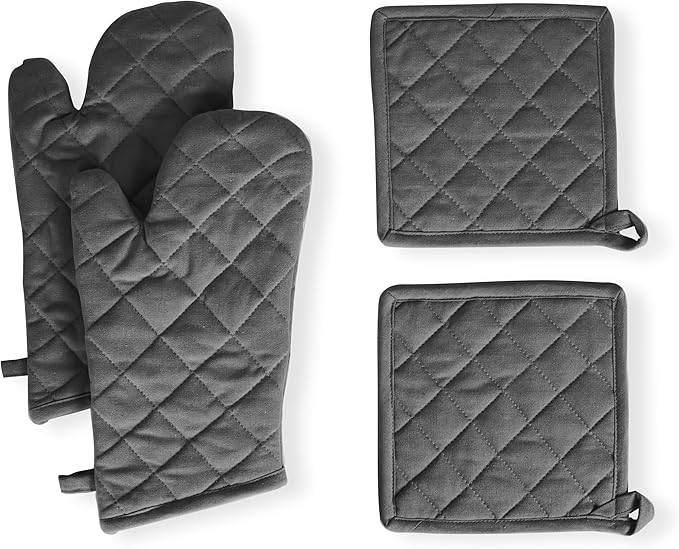 Native Fab Farmhouse Oven Mitts and Pot Holders Set of 4, Heat Resistant Non-Slip Machine Washable, 100% Cotton Kitchen Pot Holders Oven Mitts Sets Grey by NativeFab
