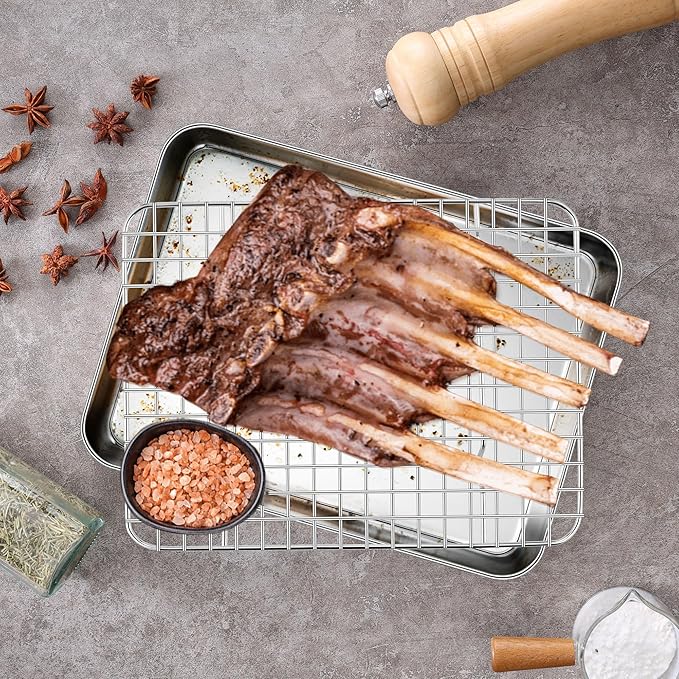 Homikit Cookie Sheet with Rack (1 Pan+1 Rack), 10 x 8 Inch Stainless Steel Small Baking Sheet with Wire Rack Set for Baking Roasting Cooling, Toaster Oven Pan Bacon Tray, Non-Toxic & Dishwasher Safe