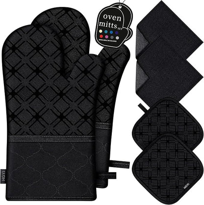 Oven Mitts and Pot Holders Set with Dishcloths, 500 Degree Heat Resistant Oven Gloves and Hot Pads, Premium Soft Cotton Kitchen Mittens and Dish Cloth Sets-Black by HGYI