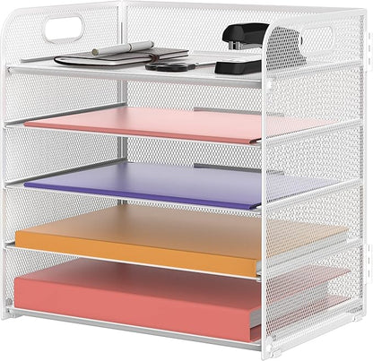 Supeasy 5 Trays Paper Organizer Letter Tray with Handle-Mesh Desk File Holders, Paper Sorter Desk Organizer for Office, Home, Classroom or School, White by SUPEASY