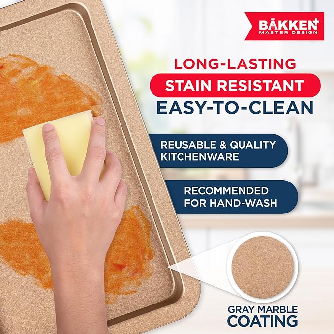 BAKKEN Kitchen Baking Pans - Nonstick Brown Coating, 13.18’’ × 8.66’’ Commercial Grade Carbon Steel Cookie Sheet, Baking Kitchen Essentials, PFOA, PFOS, PTFE Free, Oven Safe Tray (450° F), Brown - Image 7