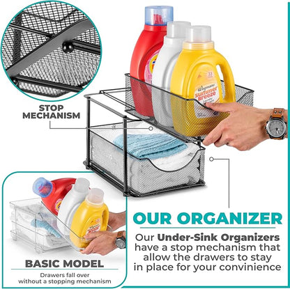 Sorbus 2 Tier Metal Under Sink Organizer for Bathroom, Kitchen, Strong Steel Mesh Sliding Drawers for Under Sink, Under Cabinet, Closet, Kitchen, Pantry, Bathroom Organizers and Storage (Black)