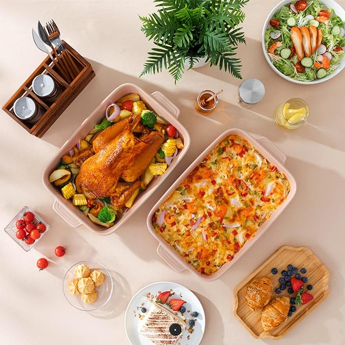 MALACASA 4.8 Qt Ceramic Oven Dish with Handles, 9 x 13 Inch Baking Dish Casserole Dishes, Deep Rectangular Lasagne Dishes Bakeware for Roasting (Khaki & Pink), Series TARA - Image 7