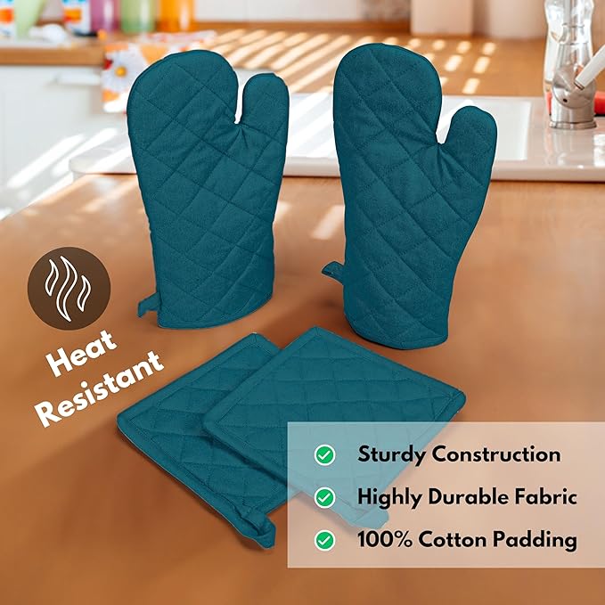 Native Fab Pot Holders and Oven Mitts Sets for Kitchen Heat Resistant - Hanging Non-Slip - 100% Cotton Kitchen Oven Mitts and Pot Holders 4 Piece Set - Teal - Image 5