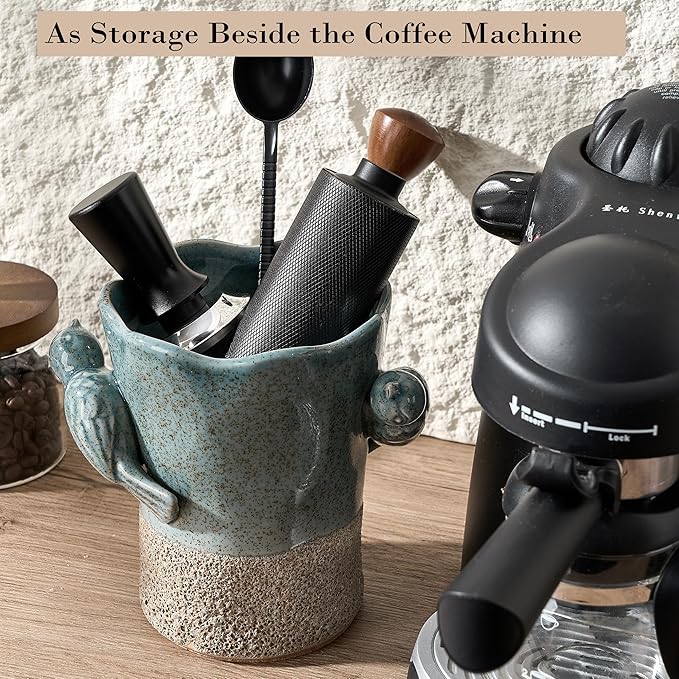 6.38“H Utensil Holder for Kitchen Counter, Modern Farmhouse Cooking Utensil Holder and Crock Home Kitchen Decor, Ceramic Utensil Organizer for Spatula, Ladle, Eggbeater, Rolling Pin- Blue and Brown - Image 8