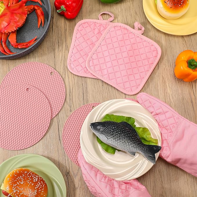 Sumind Pink Oven Mitts and Pot Holders 7 Sets, Heat Resistant Kitchen Gloves Pads Potholders for Mother Women Gifts Pot Holders Kitchen Accessories Gift(Pink,Rubber Cotton,Honeycomb) - Image 4