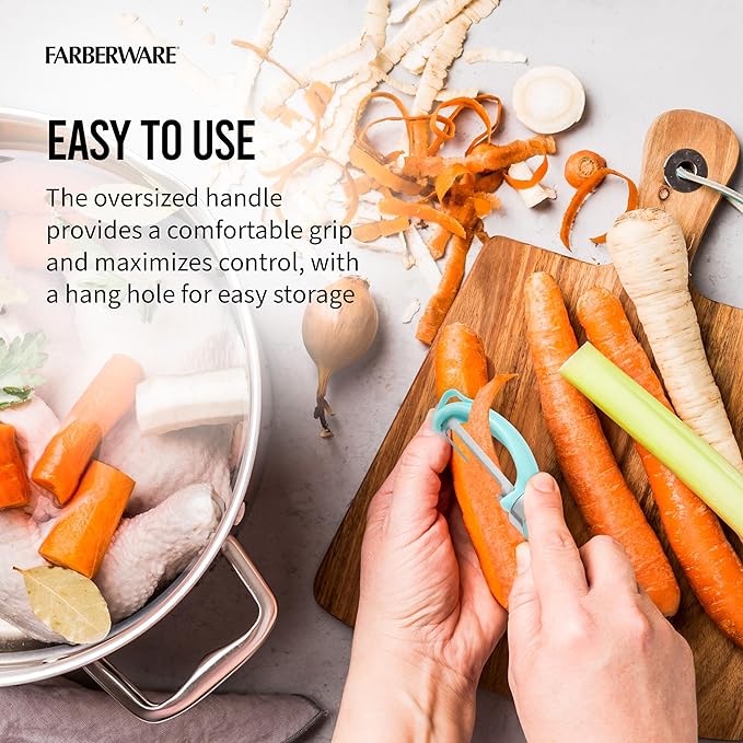 Farberware Pro2 Euro Vegetable Peeler with Ergonomic Handle, Razor-Sharp Stainless Steel Swivel Blade, Dishwasher Safe - Aqua Sky, Peelers for Kitchen Use on Potatoes, Fruits, and More - Image 5