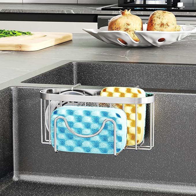 HapiRm Sponge Holder for Kitchen Sink - Rustproof Hanging Kitchen Caddy for Double-Bowl Sink, Center Divider Width Less Than 1.5in- Silver - Image 7