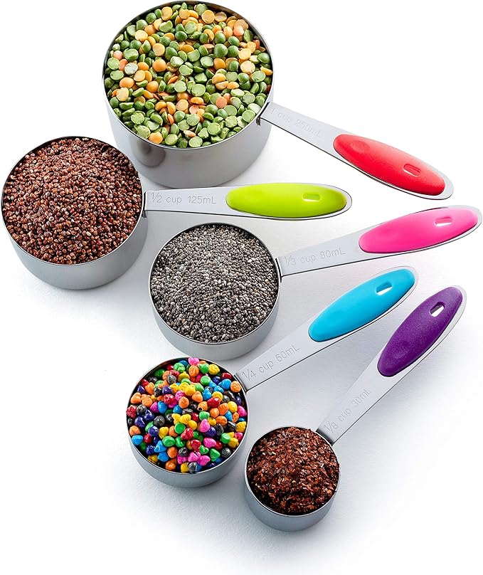 Bellemain Stainless Steel Measuring Cups Set of 5 – Nesting Metal Measuring Cups for Kitchen – Dry & Liquid Measurements (ML & OZ), Dishwasher Safe, Ergonomic Design with Colored Handles by Bellemain