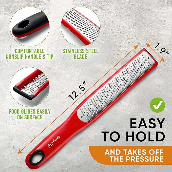 Spring Chef Premium Red Lemon Zester Grater with Handle - Fruit, Garlic, Citrus, Nutmeg, Orange Zester Tool - Heavy Duty Kitchen Shredder - Stainless Steel Ginger Grater with Blade Cover - Fine Shred - Image 2