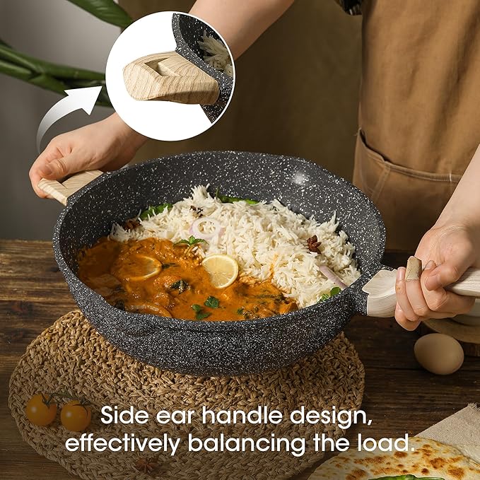 CAROTE 12.5 Inch Nonstick Deep Frying Pan with Lid, 6.5 Qt Jumbo Cooker Saute Pan with Pour Spout, Skillet Induction Cookware, Non Stick Cooking Pan PFOA Free, Classic Granite - Image 5