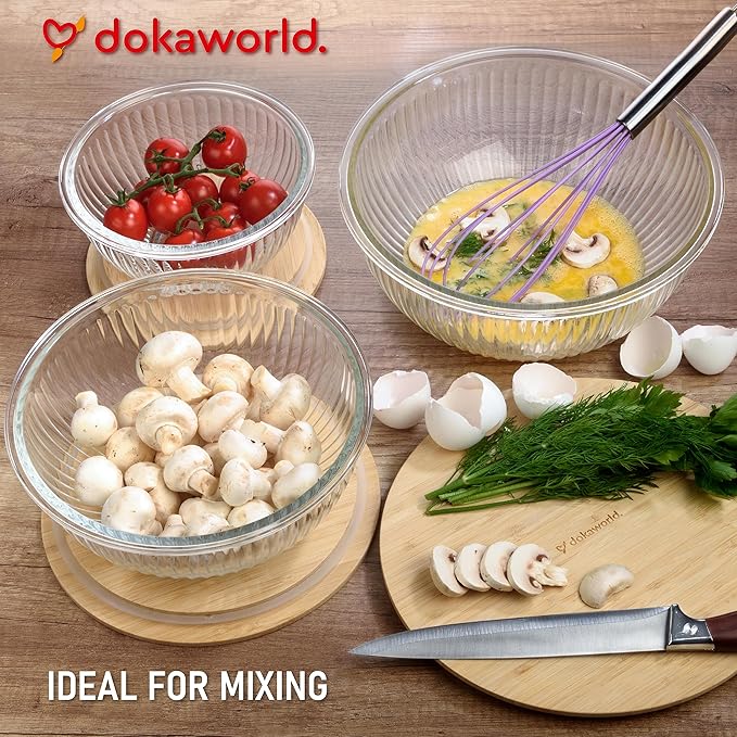 Stackable Space-Saving Nesting Set of 3 Glass Bowls with Bamboo Lids for Foodprep, Storage, Mixing & Cooking - Microwave & Oven Safe BPA Free Durable Heat Resistant Inert Borosilicate Glass - Image 8