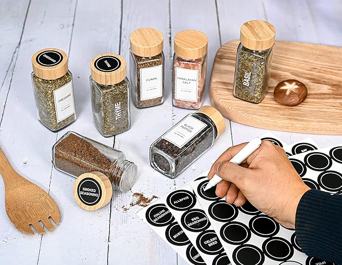 Glass Spice Jars with Label Set, Bamboo Lids & Funnel - Kitchen Airtight Storage Jars with Lids - Spices and Seasonings Sets Organizer, Spice Glass Jar with Lid Food Canister Bottle Sugar Shaker - Image 6