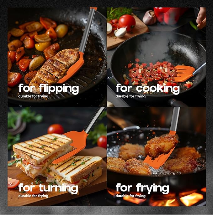 BakeRoyal Silicone Spatula Set - Turner Spatulas Silicone Heat Resistant 600°F - Slotted & Solid Silicone Spatulas for Cooking Fish, Eggs, Pancakes Flipper – Silicone Cooking Utensils Set – Orange - Image 3