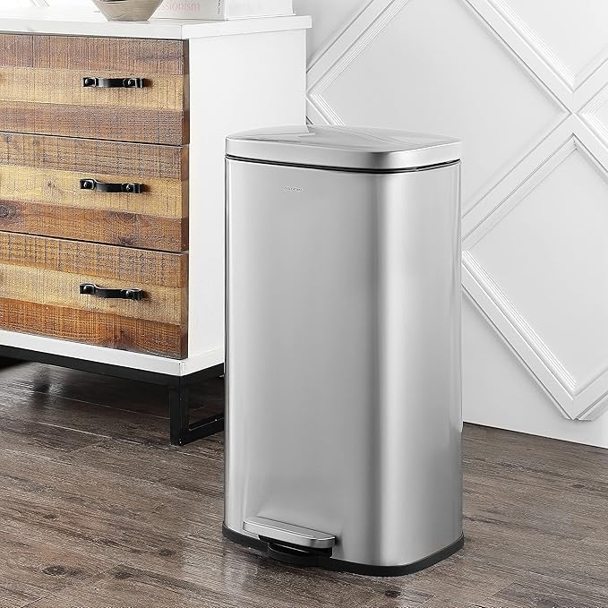 happimess HPM1011A Curtis 8-Gallon Step-Open Trash Can with Soft-Close Lid, Modern, Minimalistic, Fingerprint Proof for Home, Kitchen, Laundry Room, Office, Bedroom, Bathroom, Chrome - Image 2