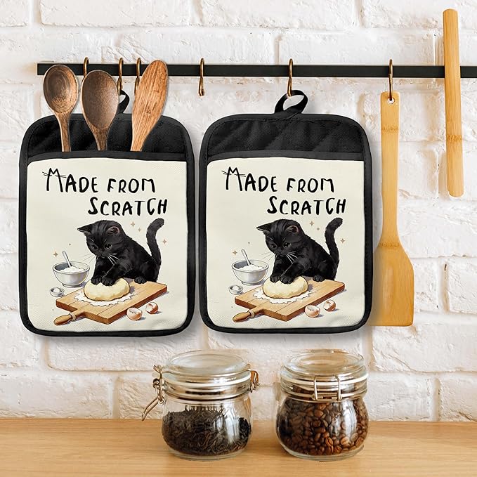 Black Cat Baking Pot Holders with Pockets, Made from Scratch Funny Black Cat Oven Pot Holders Heat Resistant Oven Mitts Hot Pads for Kitchen Baking Cooking