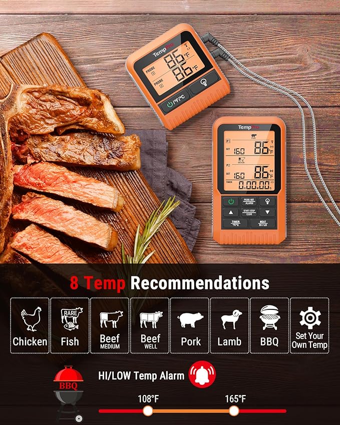 TempPro TP826 500FT Wireless Meat Thermometer, Dual Meat Probe Cooking Thermometer with HI/Low Alert, Food Grill Temperautre Probe for BBQ, Smoker, Oven, Grilling Gift (Previously ThermoPro) - Image 3