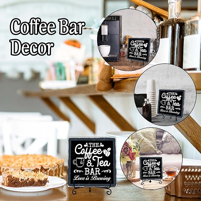 Coffee Bar Sign, Love is Brewing Farmhouse Tabletop Decor, Coffee and Tea Lover Gifts, 5x5 Wood Plaque with Iron Stand for Home Kitchen Cafe, Coffee Bar Decor – L03 - Image 3