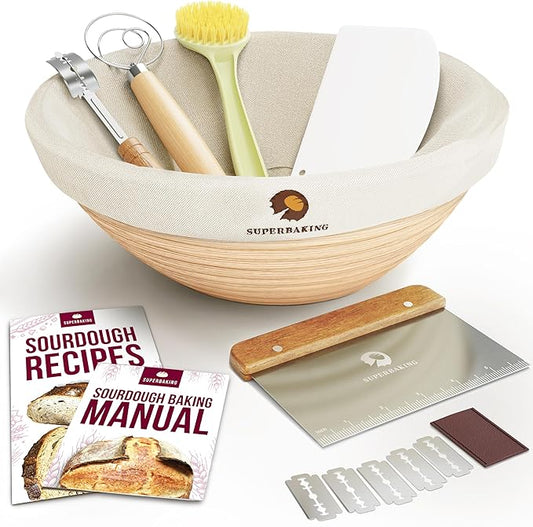Superbaking Banneton Bread Proofing Basket, Sourdough Bread Baking Supplies, Round 9 Inch Sourdough Starter Kit, Proofing Basket for Baking, Bread Making Supplies Tools, Banneton Basket Gift Set by Superbaking