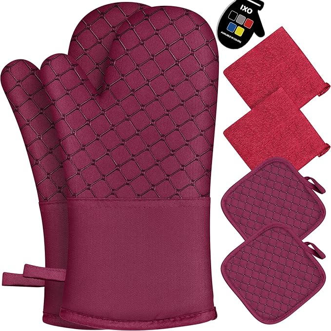 6 Pcs Oven Mitts and Pot Holders, 500℉ Heat Resistant Oven Mitts with Kitchen Towels Soft Cotton Lining and Non-Slip Silicone Surface Safe for Baking, Cooking, BBQ (Red) by Unknown