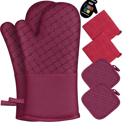 6 Pcs Oven Mitts and Pot Holders, 500℉ Heat Resistant Oven Mitts with Kitchen Towels Soft Cotton Lining and Non-Slip Silicone Surface Safe for Baking, Cooking, BBQ (Red) by Unknown