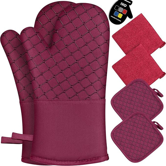 6 Pcs Oven Mitts and Pot Holders, 500℉ Heat Resistant Oven Mitts with Kitchen Towels Soft Cotton Lining and Non-Slip Silicone Surface Safe for Baking, Cooking, BBQ (Red) by Unknown